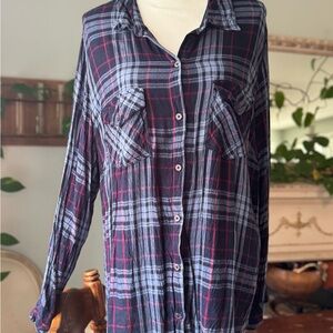Jessica Simpson Women's 3X‎ Plaid Button Down Shirt Navy Pink Long Sleeve